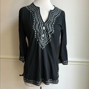 LUCKY BRAND Cotton Long Sleeve V-Neck Embroidered Black Tunic Top Medium